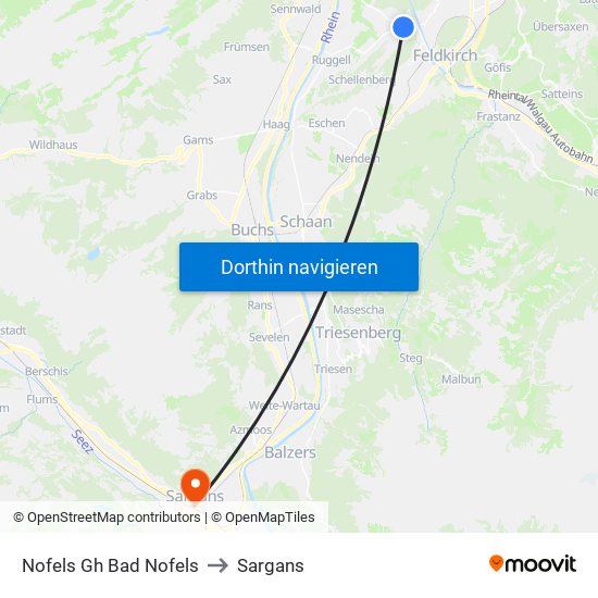 Nofels Gh Bad Nofels to Sargans map