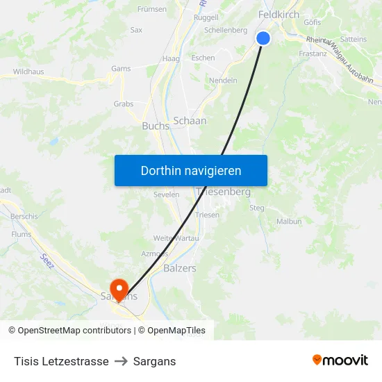 Tisis Letzestrasse to Sargans map