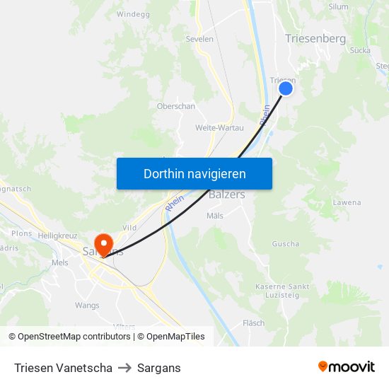 Triesen Vanetscha to Sargans map