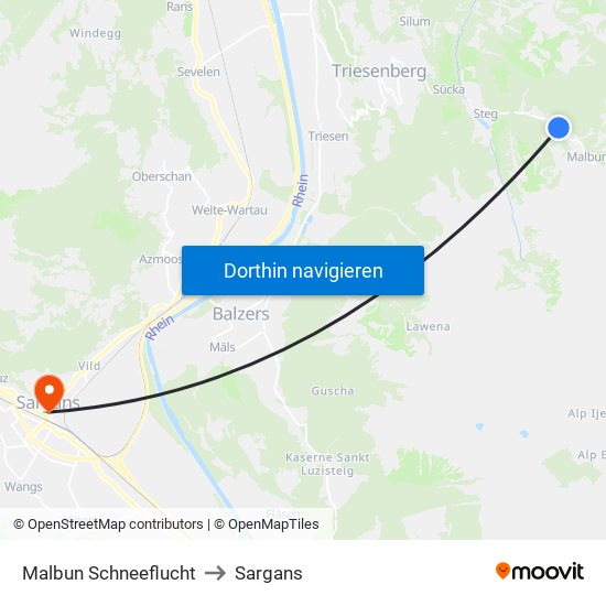 Malbun Schneeflucht to Sargans map