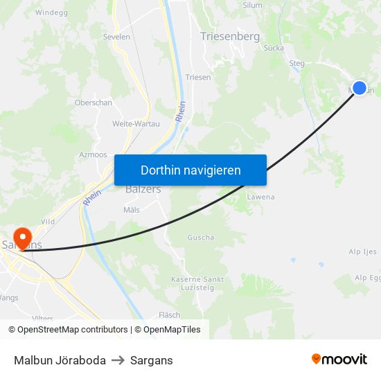 Malbun Jöraboda to Sargans map