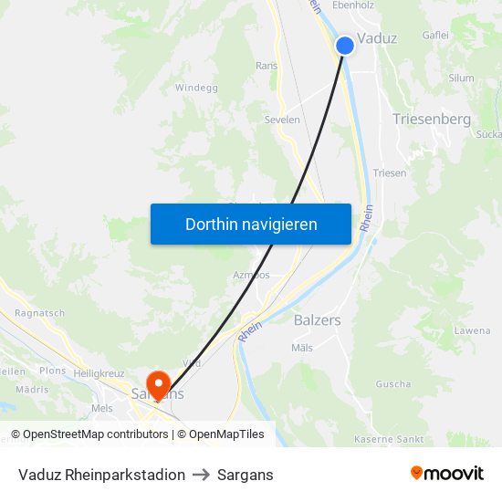 Vaduz Rheinparkstadion to Sargans map