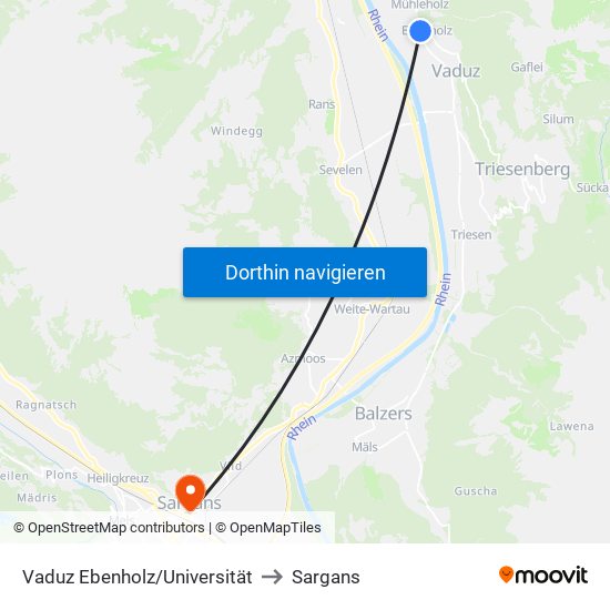 Vaduz Ebenholz/Universität to Sargans map