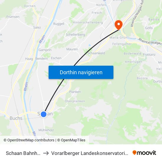 Schaan Bahnhof to Vorarlberger Landeskonservatorium map