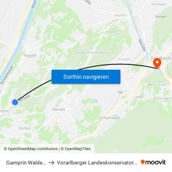 Gamprin Waldeck to Vorarlberger Landeskonservatorium map