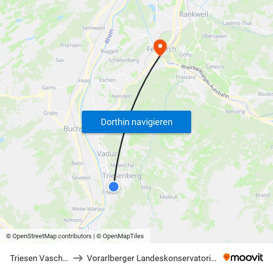 Triesen Vaschiel to Vorarlberger Landeskonservatorium map