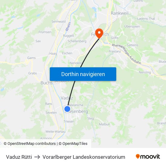 Vaduz Rütti to Vorarlberger Landeskonservatorium map