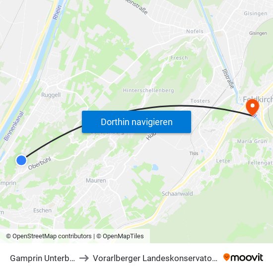 Gamprin Unterbühl to Vorarlberger Landeskonservatorium map