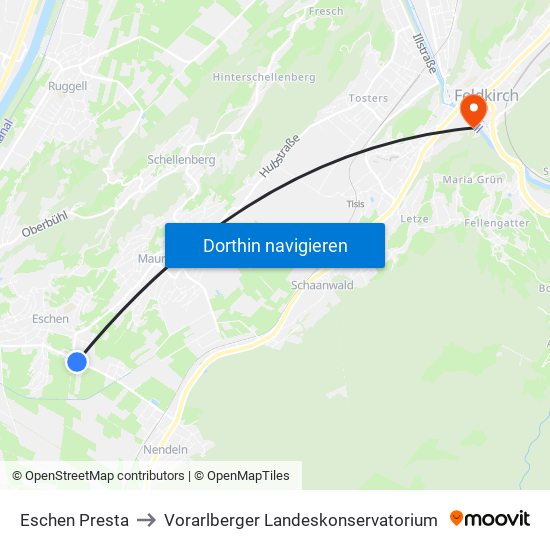Eschen Presta to Vorarlberger Landeskonservatorium map