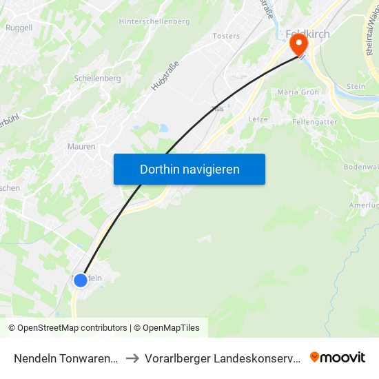 Nendeln Tonwarenfabrik to Vorarlberger Landeskonservatorium map