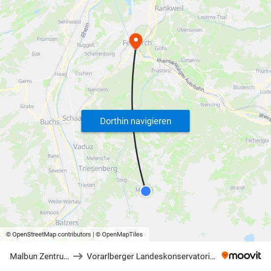 Malbun Zentrum to Vorarlberger Landeskonservatorium map