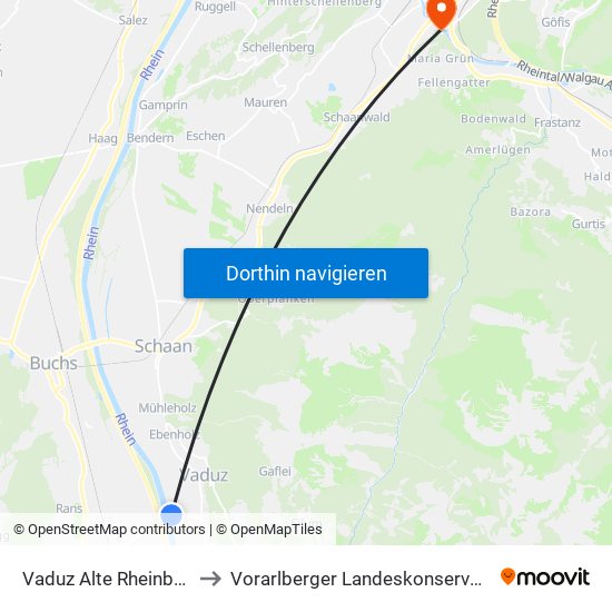 Vaduz Alte Rheinbrücke to Vorarlberger Landeskonservatorium map