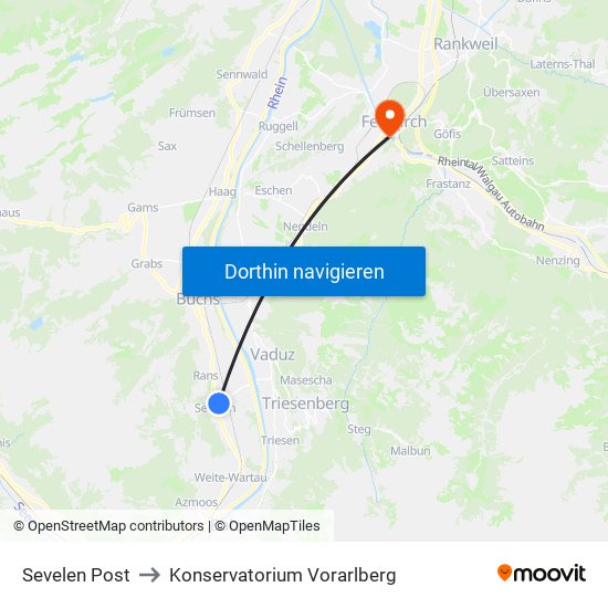 Sevelen Post to Konservatorium Vorarlberg map