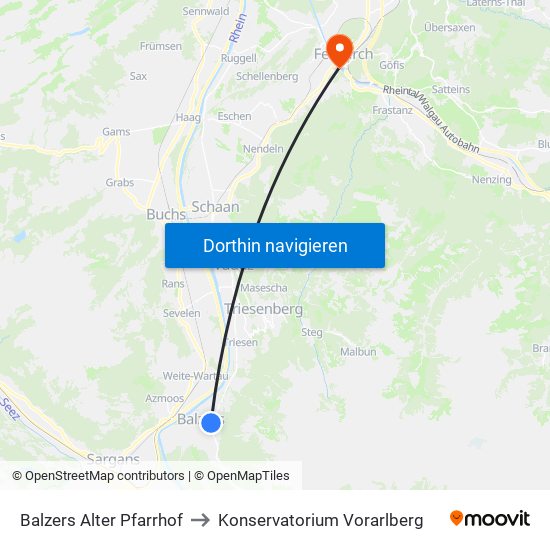 Balzers Alter Pfarrhof to Konservatorium Vorarlberg map