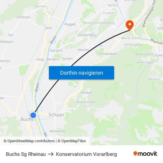 Buchs Sg Rheinau to Konservatorium Vorarlberg map