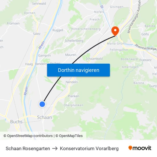 Schaan Rosengarten to Konservatorium Vorarlberg map