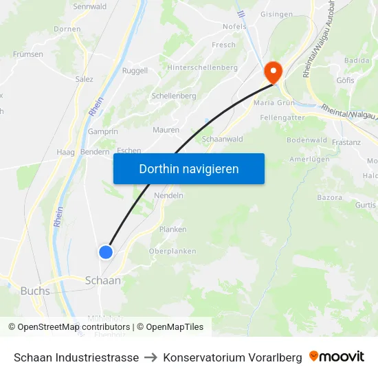 Schaan Industriestrasse to Konservatorium Vorarlberg map