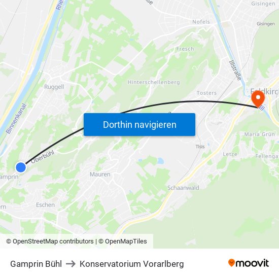Gamprin Bühl to Konservatorium Vorarlberg map