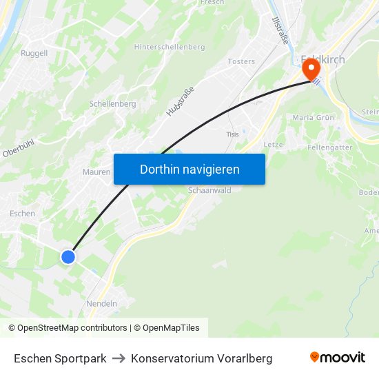 Eschen Sportpark to Konservatorium Vorarlberg map