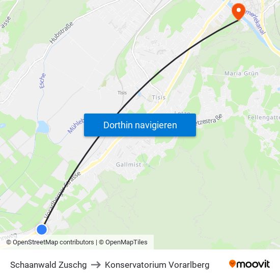 Schaanwald Zuschg to Konservatorium Vorarlberg map