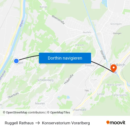 Ruggell Rathaus to Konservatorium Vorarlberg map
