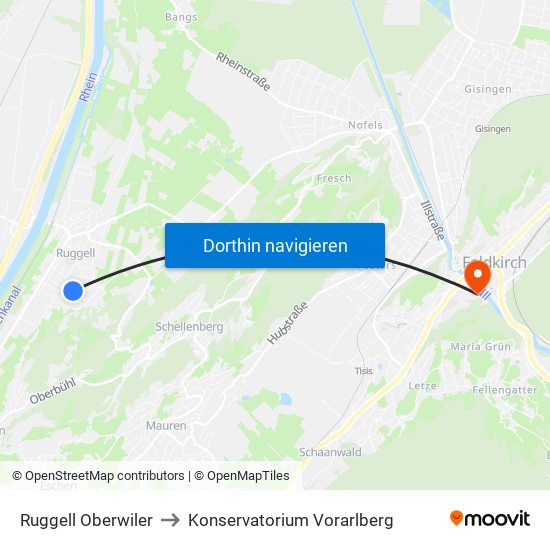 Ruggell Oberwiler to Konservatorium Vorarlberg map