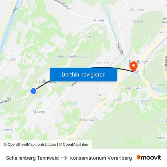 Schellenberg Tannwald to Konservatorium Vorarlberg map