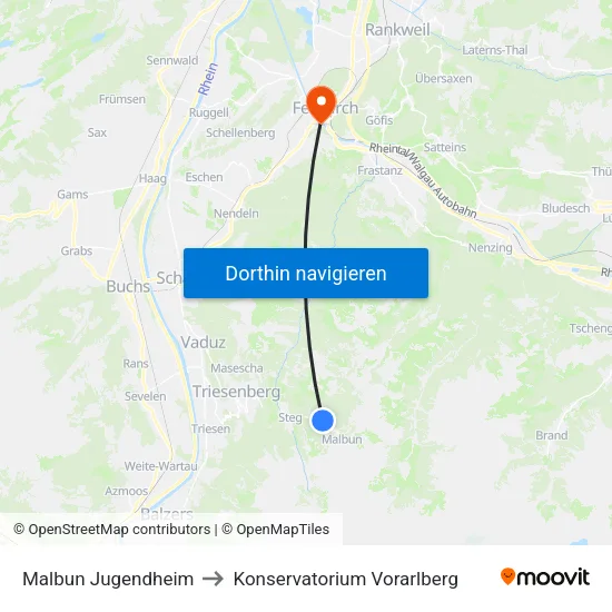 Malbun Jugendheim to Konservatorium Vorarlberg map