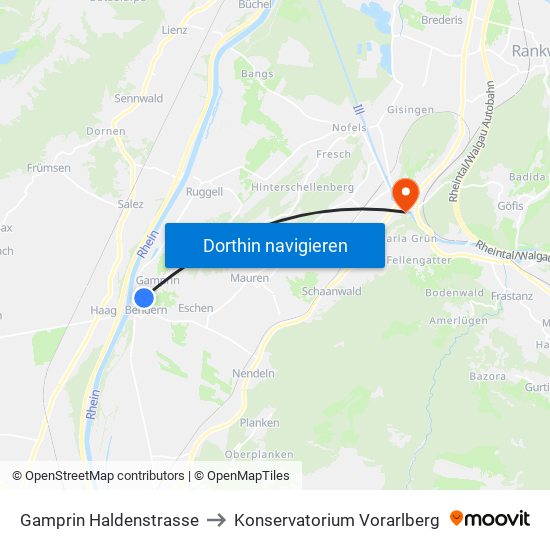 Gamprin Haldenstrasse to Konservatorium Vorarlberg map