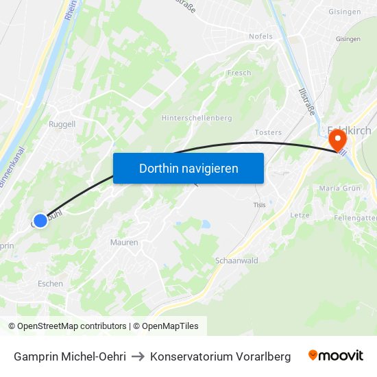 Gamprin Michel-Oehri to Konservatorium Vorarlberg map