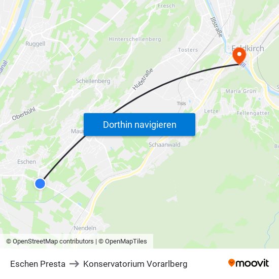 Eschen Presta to Konservatorium Vorarlberg map