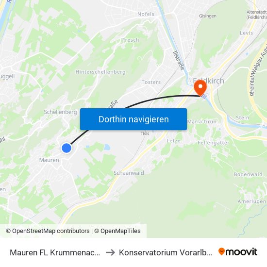 Mauren FL Krummenacker to Konservatorium Vorarlberg map