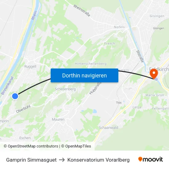 Gamprin Simmasguet to Konservatorium Vorarlberg map
