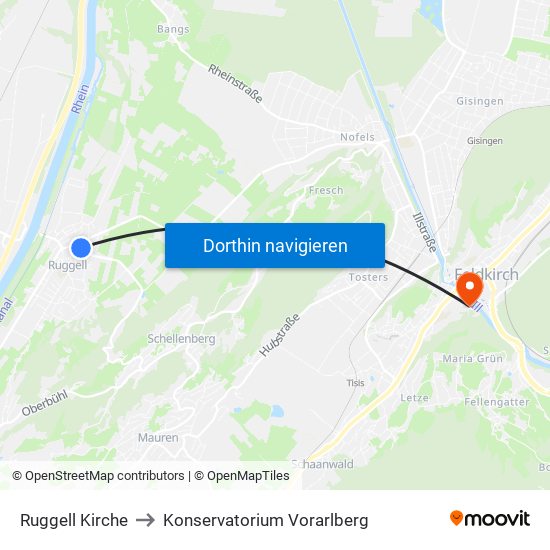 Ruggell Kirche to Konservatorium Vorarlberg map