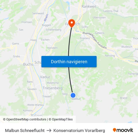 Malbun Schneeflucht to Konservatorium Vorarlberg map