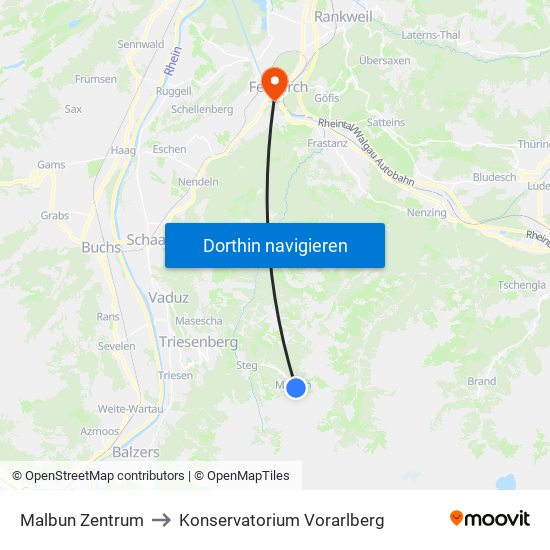 Malbun Zentrum to Konservatorium Vorarlberg map