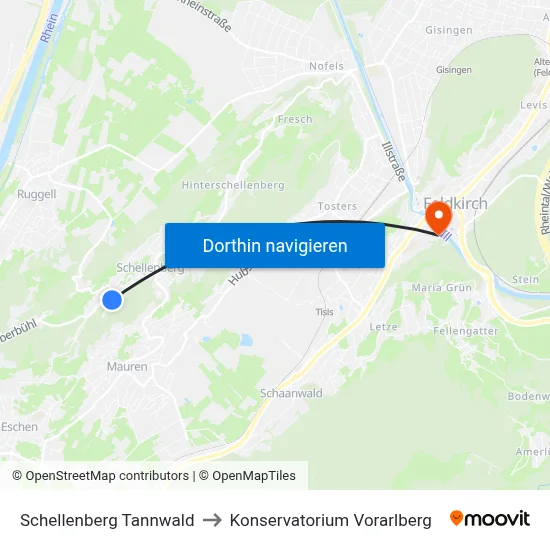 Schellenberg Tannwald to Konservatorium Vorarlberg map