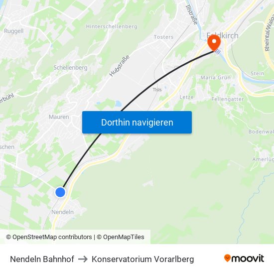 Nendeln Bahnhof to Konservatorium Vorarlberg map