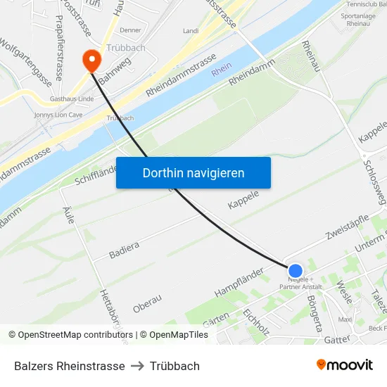 Balzers Rheinstrasse to Trübbach map