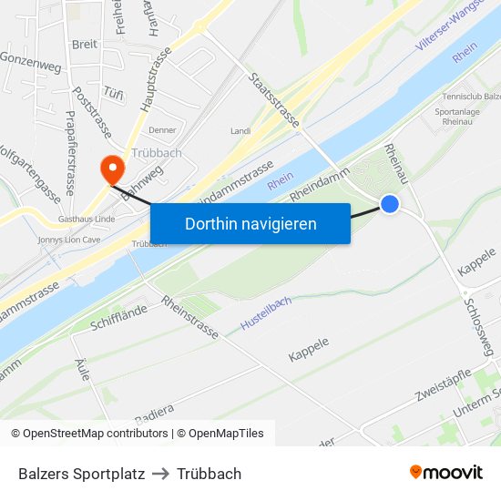 Balzers Sportplatz to Trübbach map