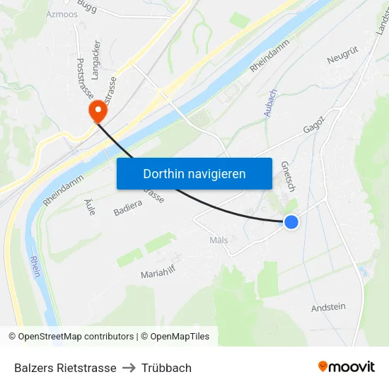 Balzers Rietstrasse to Trübbach map