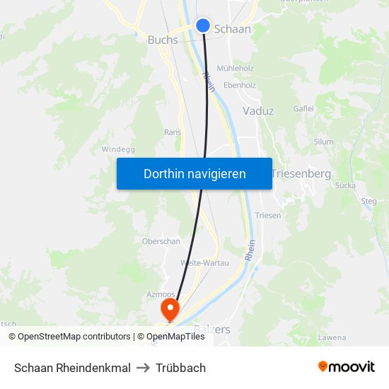 Schaan Rheindenkmal to Trübbach map