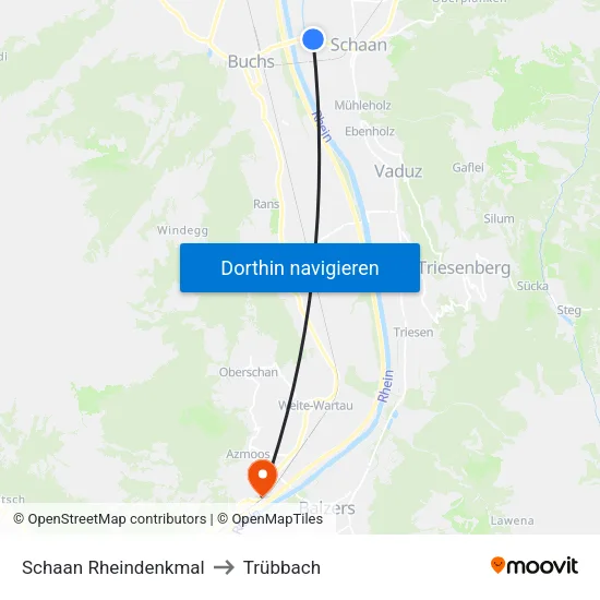 Schaan Rheindenkmal to Trübbach map