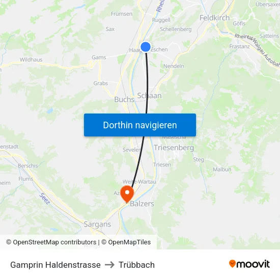 Gamprin Haldenstrasse to Trübbach map