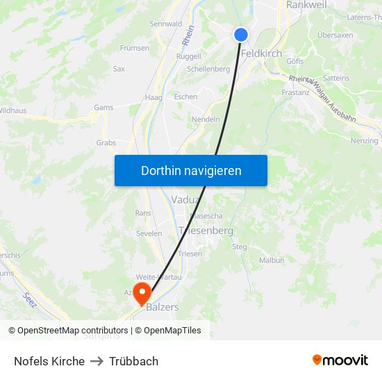 Nofels Kirche to Trübbach map