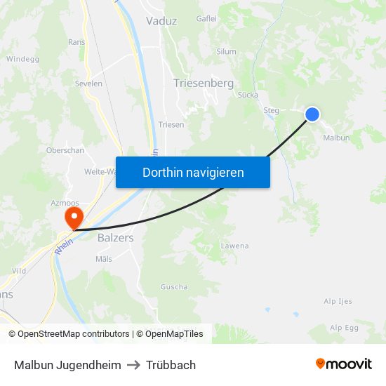 Malbun Jugendheim to Trübbach map