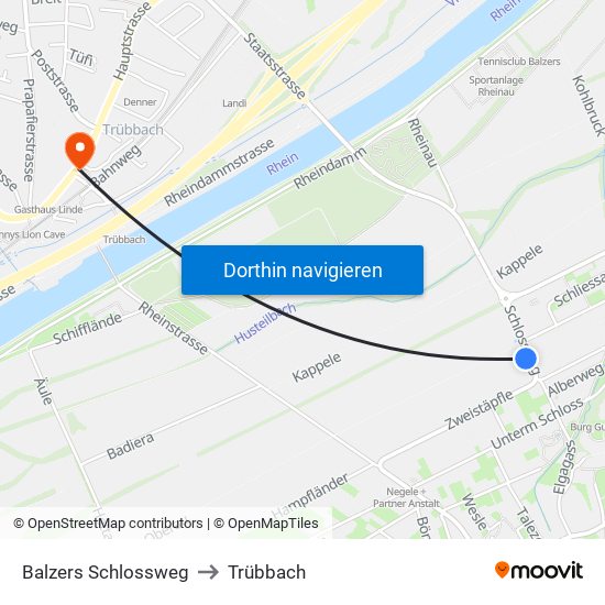 Balzers Schlossweg to Trübbach map