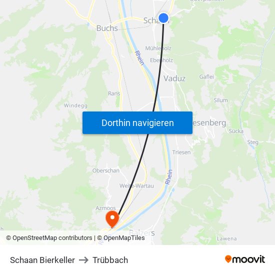 Schaan Bierkeller to Trübbach map