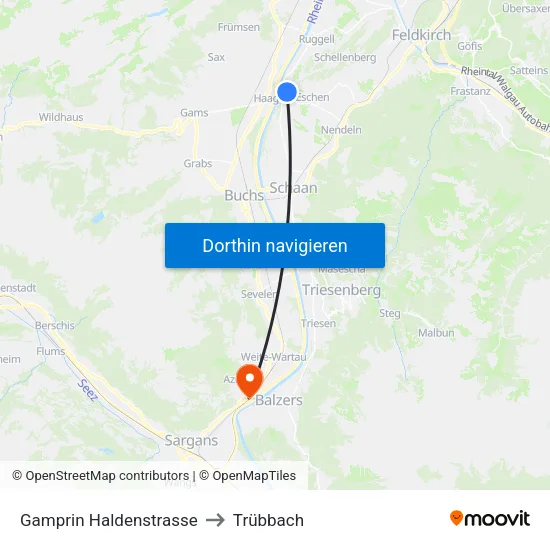 Gamprin Haldenstrasse to Trübbach map