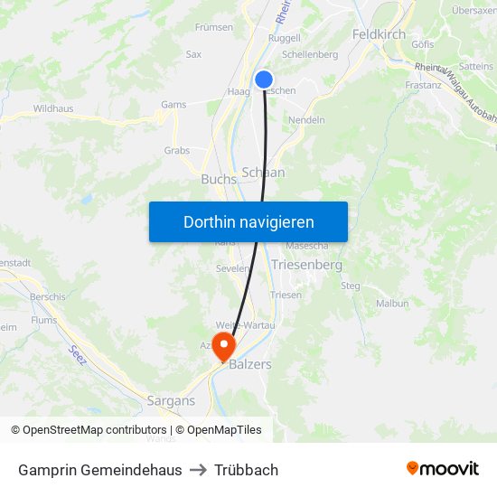 Gamprin Gemeindehaus to Trübbach map